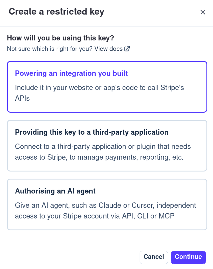Stripe's "How will you be using this key?" screen, with "Powering an integration you built" selected
