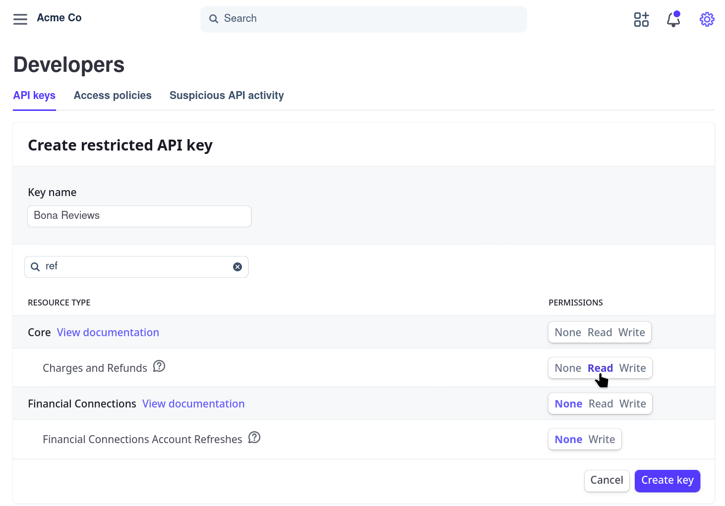 Stripe's permission picker, searched down to "Charges and Refunds" set to Read
