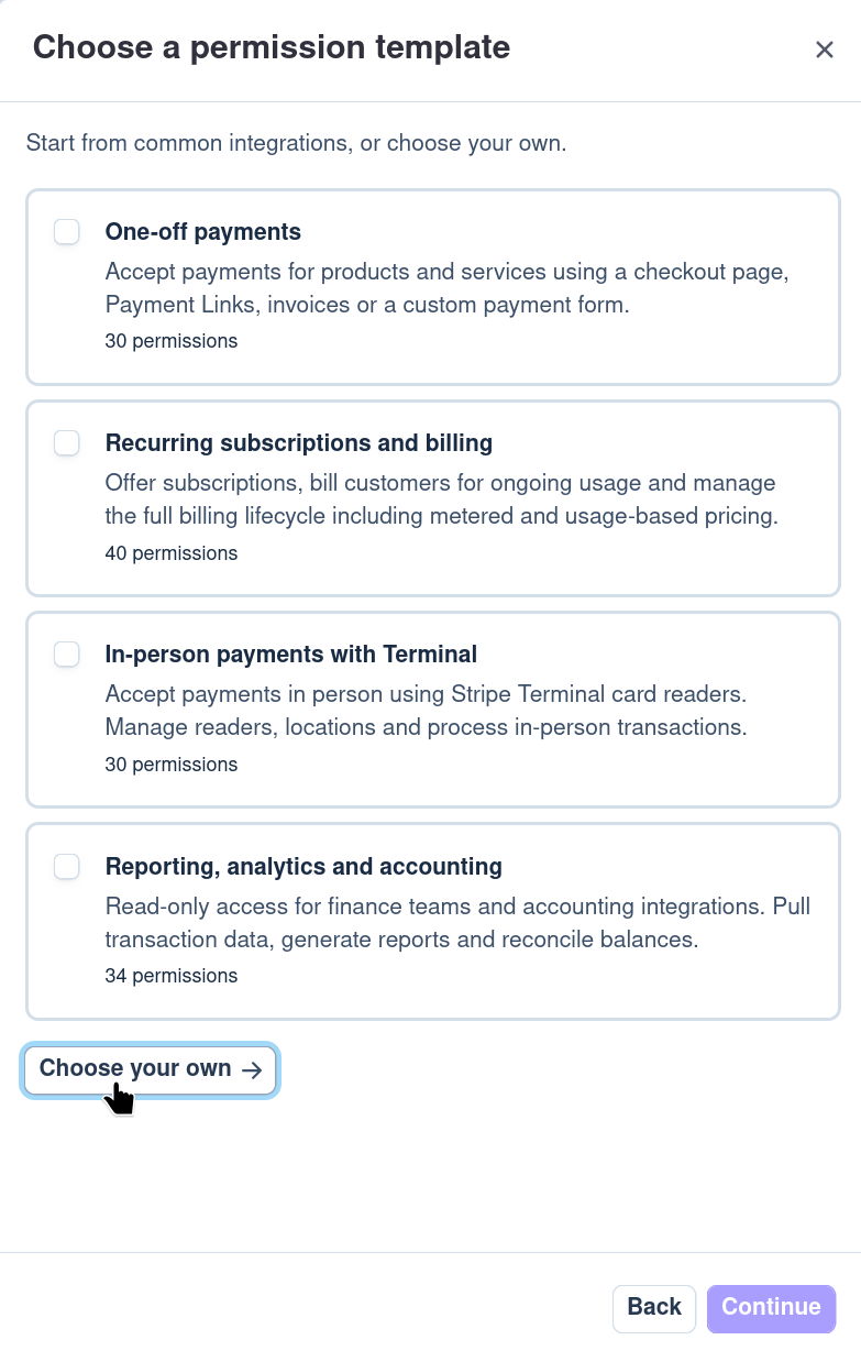 Stripe's "Choose a permission template" screen, with "Choose your own" highlighted